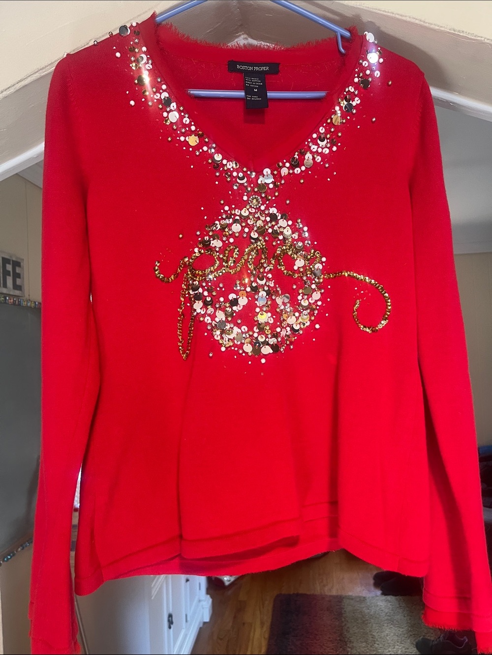 Boston Proper Red Sequin-Embellished V-Neck Holiday Sweater